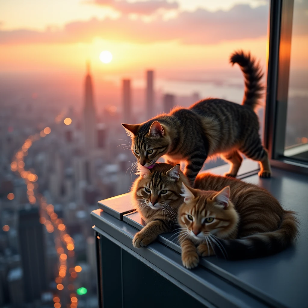 A cat walking on top of a building while two other cats are on the corner of this building. One of these cats is licking the other's head. The image should be in the aspect ratio for a 32-inch widescreen.
