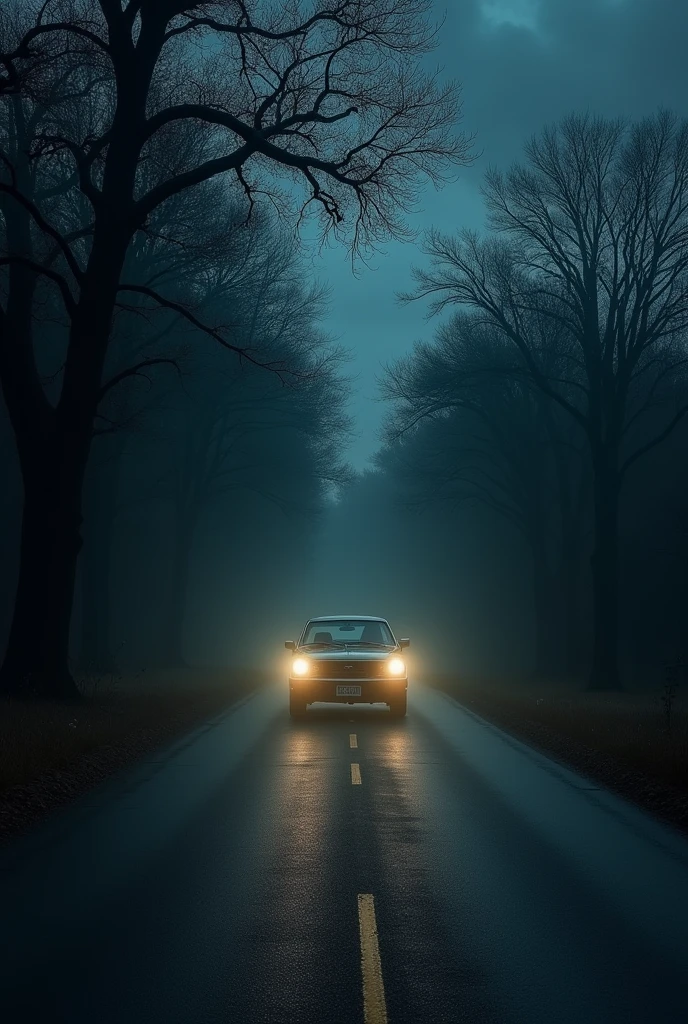 Imagine a deserted road, surrounded by a dense and shadowy forest. The sky is covered by heavy clouds, and the only light comes from headlights of a slowly advancing car. The trees along the road are bent and seem to close in around the track, creating a sense of claustrophobia. Suddenly, The headlights flicker and fade, plunging the car into complete darkness. When the headlights come back on, a hooded figure is standing in the middle of the road, immobile and staring intently at the car. The driver tries to accelerate to get past it, but the car starts to malfunction, and the engine makes a strange noise, as if something is trying to prevent escape. The hooded figure slowly advances toward the car, and the tension grows with the sound of heavy breathing that seems to come from inside the vehicle.