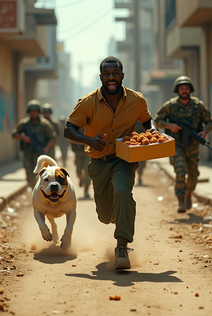 A nigga, wearing rags, running from the military in an life threatening chase with a black XL bulldog and fried chicken in hand