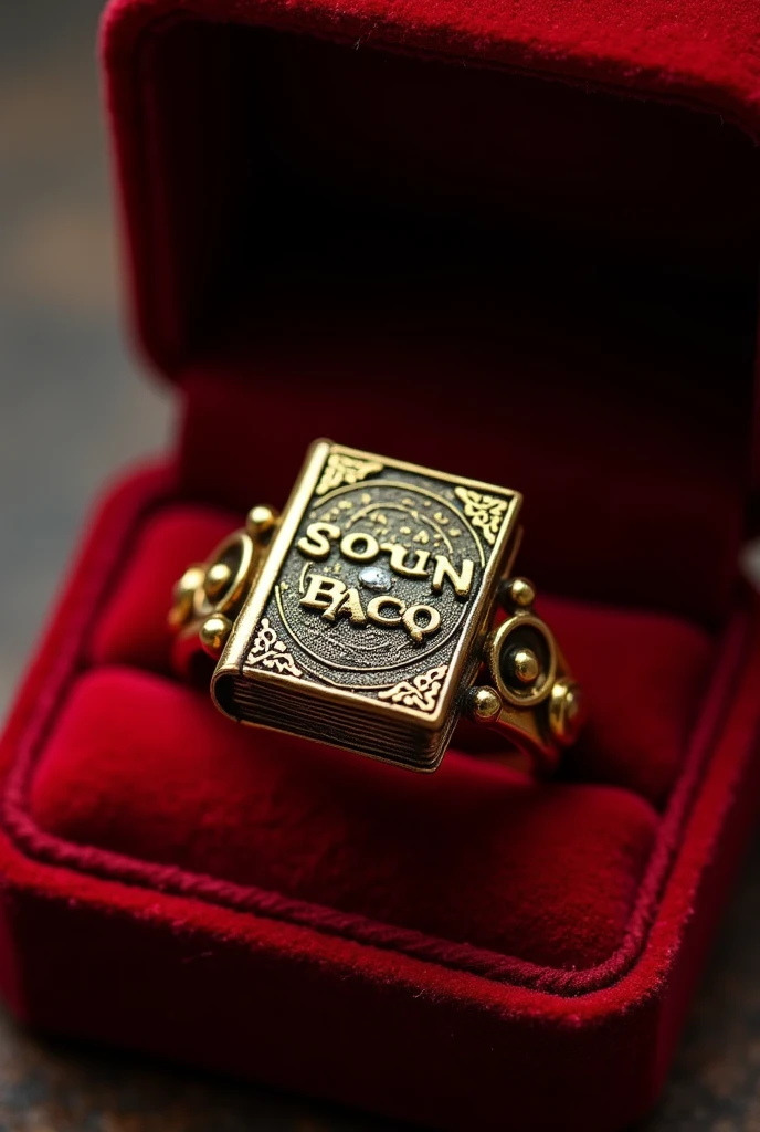 A golden ring in a red velvet box, with a book embedded instead of a diamond