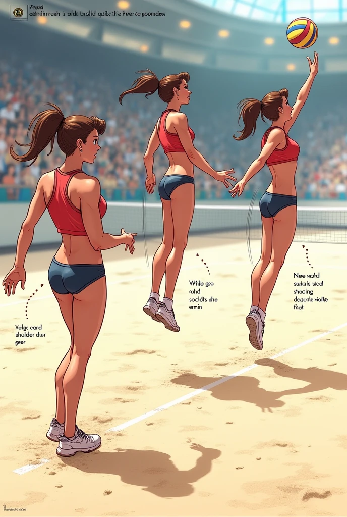 Generate an image showing the step by step of how to do it: The quick approach jump. But for volleyball. And put a person demonstrating just from the side. Tell me the position of your feet when jumping