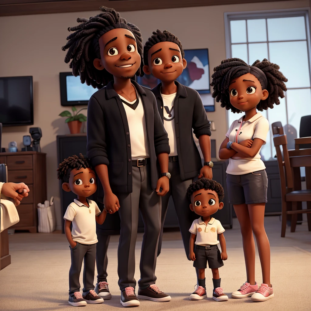 Black father with a camera in his hand taking a picture of his 3 year old black daughter, his black wife and black son at the party.