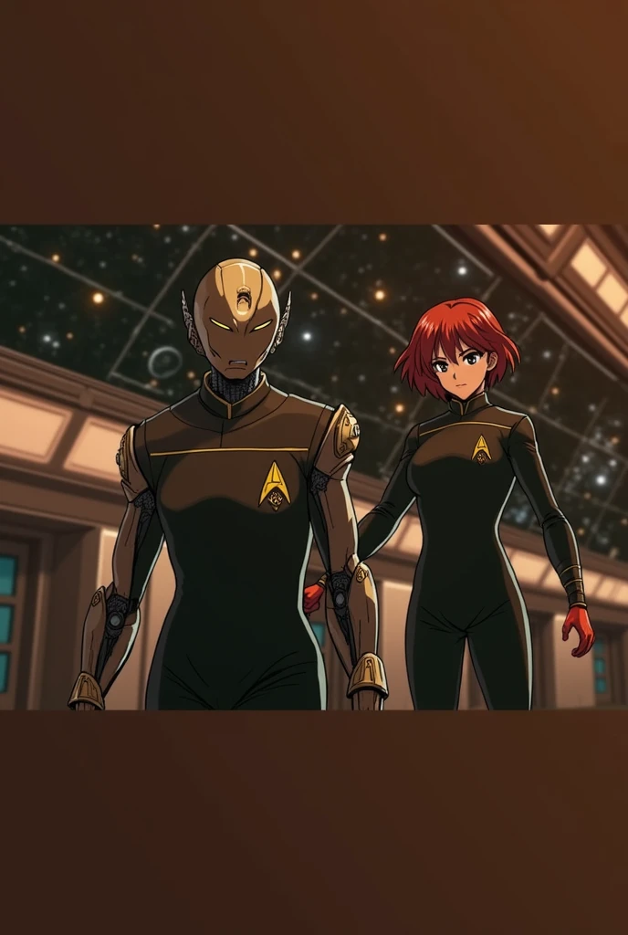 (masterpiece), (best quality), (high res) 2boys, (perfect anatomy) (perfect face) anime boy, (crossdresser), medium dark brown hair, red eyes, brown skin, wide hips, narrow waist and thick thighs, flustered, brushing, standing in space, flat chest, (full body suit), (visible bulge), (skin tight space green quantum space suit) man, strong, fair skin, black hair, white eyes, (marked muscles) in outer space
