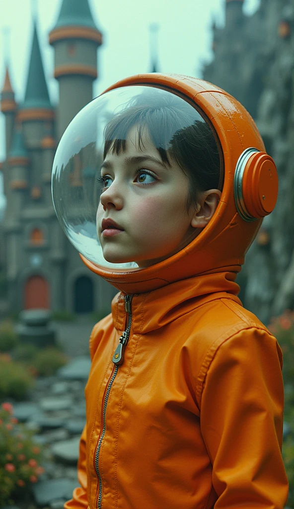 Retro surreal scene featuring a character with a fishbowl for a head, dressed in a bright orange, futuristic costume. The background includes a toy-like castle and a dark, artificial landscape with exaggerated, hand-crafted details. The scene is hazy and dreamlike, with soft, ethereal lighting that gives it a studio-shot, miniature scale feeling.
