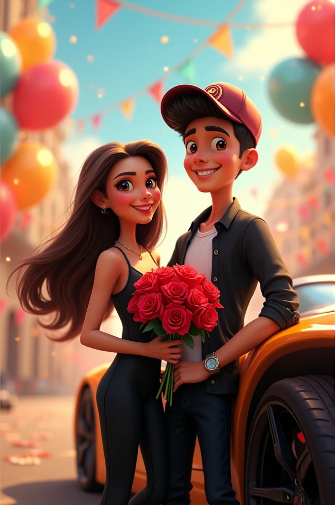Pixar style poster of a couple, the girl with brown hair wearing a black jumpsuit, holding a bouquet of roses in her hands , and the black-haired boy , skin a little brown that has black eyes with a black and orange sports car with a cap .
Birthday party background