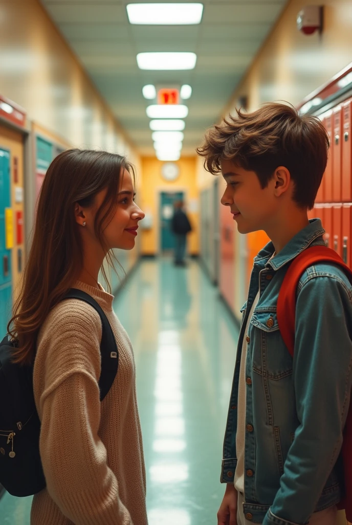 “Create a picture of two close friends, a boy and girl, in a school setting. The boy is telling the girl that he loves her, and she is smiling back, making him happy. But also show that the girl has feelings for another boy, maybe by having her glance at a different boy in the background.”