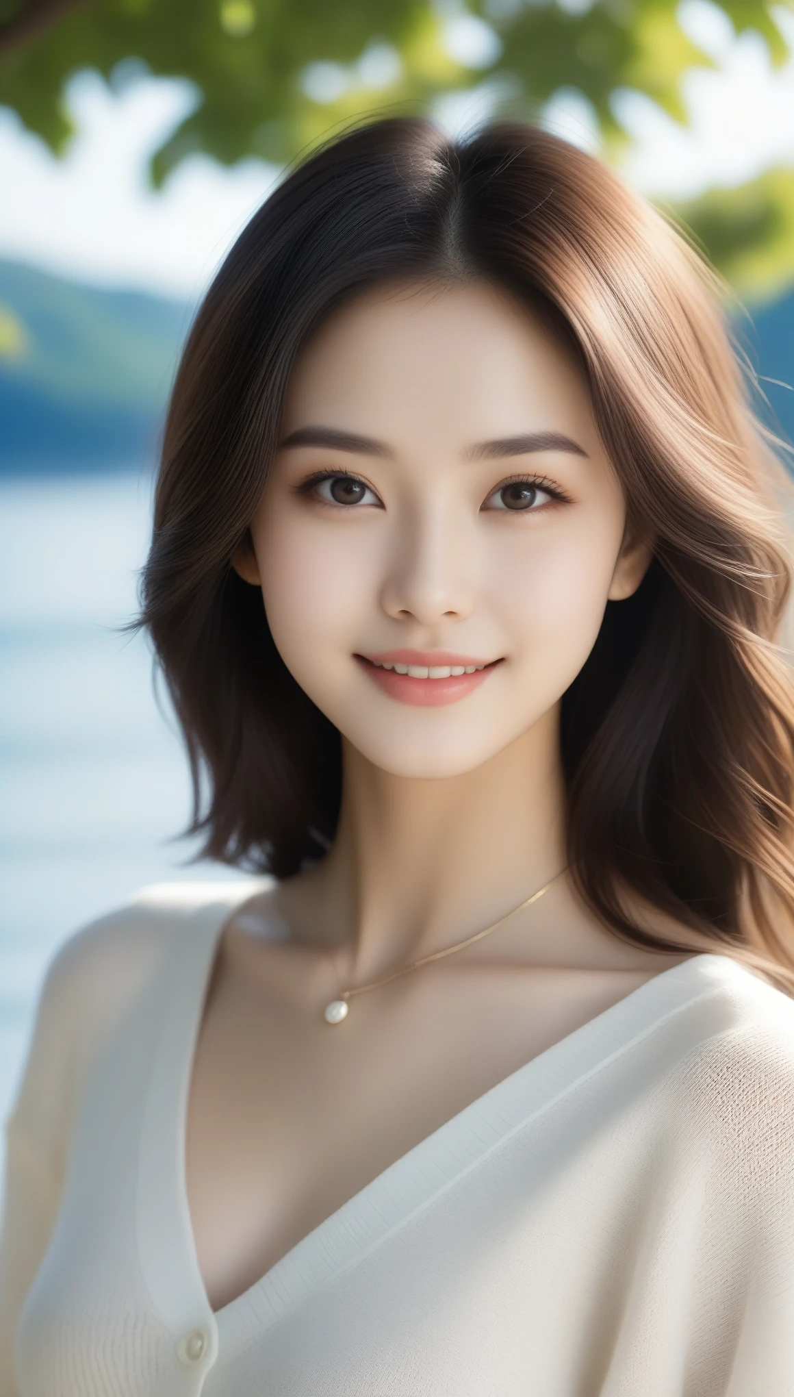 8k, Ultra-high resolution, Highest quality, masterpiece, 三分割法によるphotograph,Surreal, photograph, 1 Girl, (:1.3), pretty girl, Cute Face, 細部までBeautiful Eyes, 細かくdetailedに,masterpiece,One Girl:1.2,Japanese women,Young Wife,upper body,smile,Black hair,Wavy bob,(White summer knitwear:1.3),necklace,wood々Inside,Lakeside,Summer sunshine,wood漏れ日,(Beautiful attention to detail),Subtle details, detailedな顔, smile,attractive,(のポートレートphotograph:1.4),(Photorealistic images:1.4),Fantasy art,(Beautiful Face:1.4),美しくattractive目、Beautiful Eyes、(Tight waist:1.4)、(Beautiful with perfect body proportions:1.4),Pink Lips,Looking at the audience,(((Ideal body type))),A-cup small breasts :2,、Portraiture:2、Perfect Anatomy、鮮明なdetailed、detailed,Fashion magazine cover,Thin lips,完璧でBeautiful Face ,完璧でCute Face, Skin with attention to detail, Perfect limbs、Narrow waist,Surreal,Light and shadow,dappled sunlight