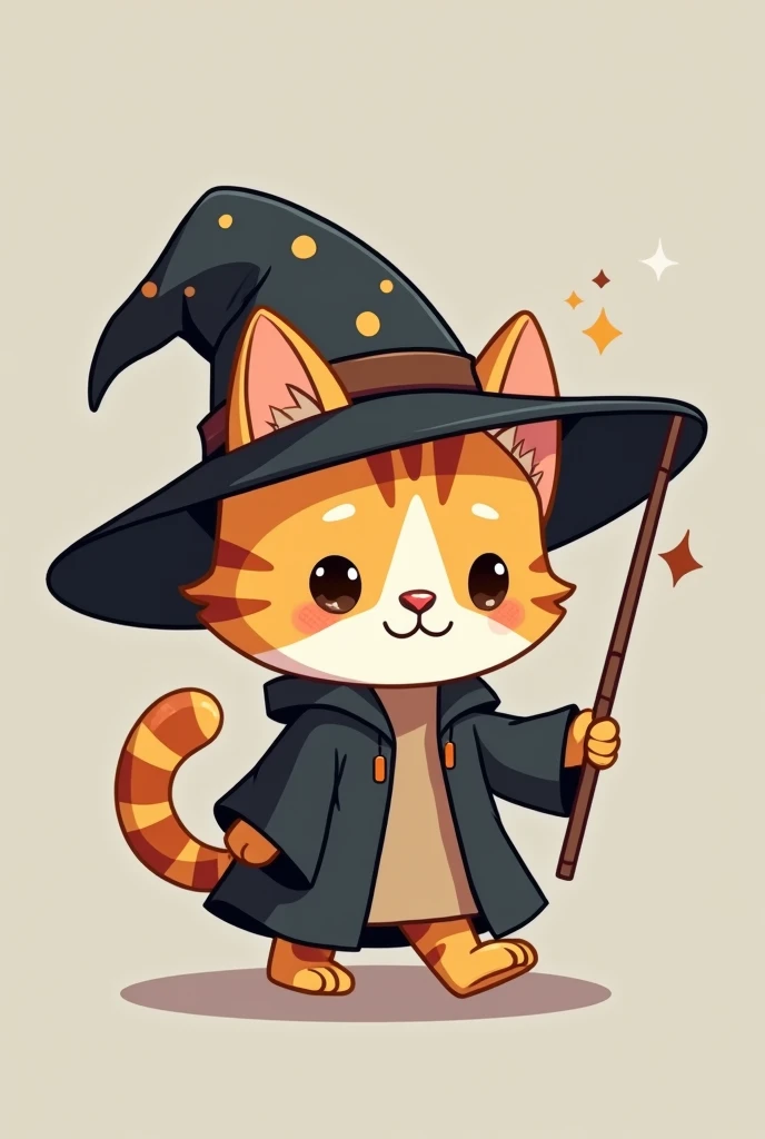 Simple and cute cartoon character illustrations, A cute chibi character-style Bengal that walks on two legs,The majority of the background is a single color, The Bengal is wearing a slightly oversized wizard's hat, Wearing a magician's robe, Has a wizard&#39;s wand, A design that evokes a sense of familiarity and trustworthiness,Facing forward