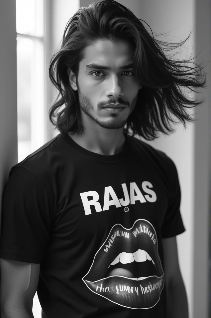 Create a cool black and white-themed profile picture of a stylish young man named Raja. He has long hair, and is wearing a shirt with branded text or logos. The shirt has a lip print design on it. The overall vibe should be trendy, bold, and suitable for a modern Instagram profile picture.