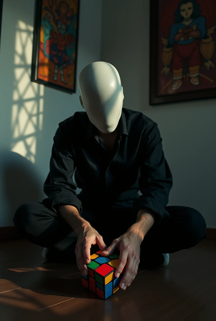 A blank face man solve Rubik's cube