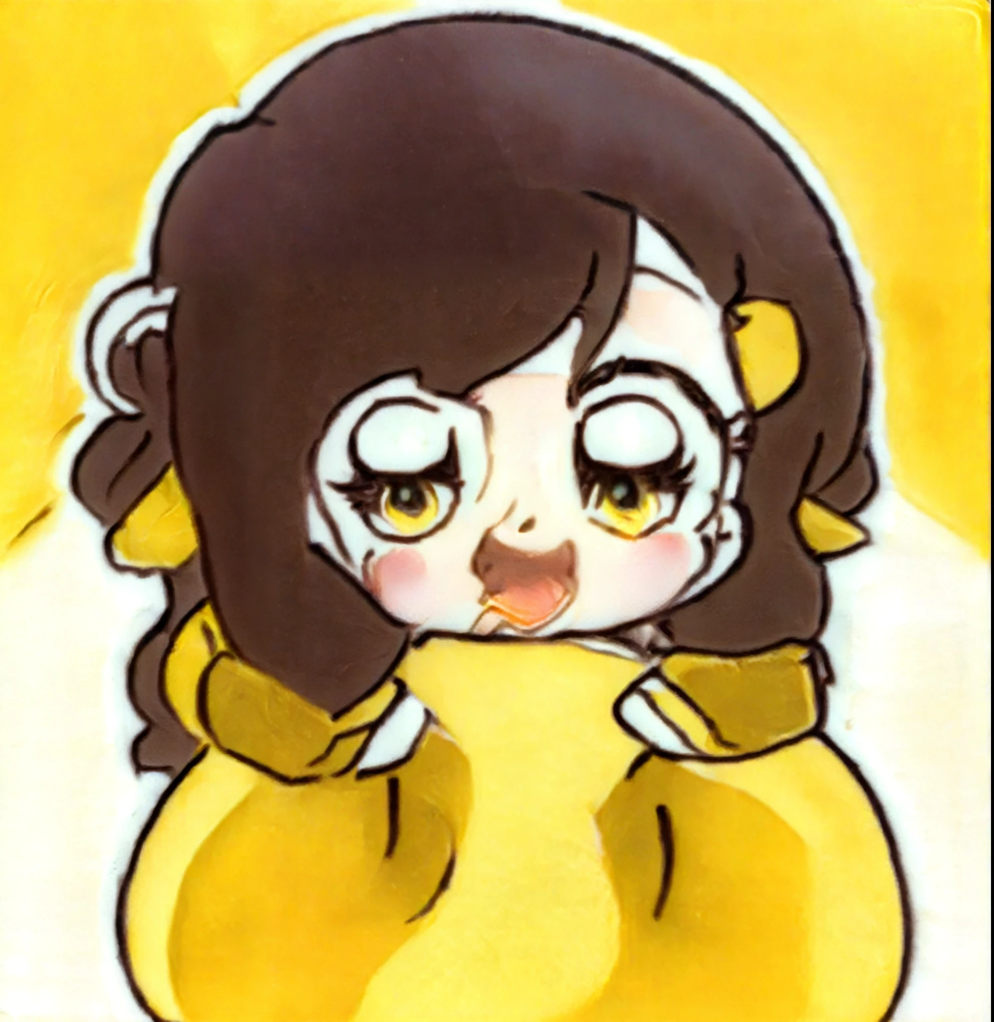 cartoon girl in a yellow dress holding a yellow object, anime Moe artstyle, Luan cute vtuber, cute animation style, cute kawaii girl, Stained Animation, chibi anime girl, extremely cute animation girl face, cute animation face, cute animation, umamusume, Moe, High-quality animation artstyle, animation chibi, , Kawai Chibi