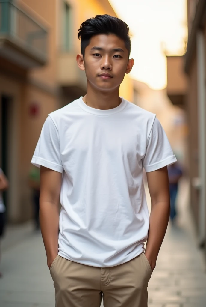 boy with oval face and almond eyes and dark brown eyes and black hair sharp tilted eye brow and broad shoulders big forearms with veins wearing white shirt half sleeve and skin color pant and fair skin with aesthetic body