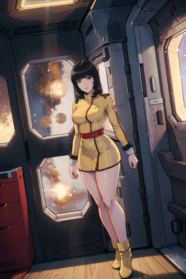 8k,(masterpiece:1.4)(Highest quality:1.4),(Highest quality), One person,Feuillee,Black Hair, Iris, Yellow Dress,  uniform, Inside the spaceship, Milky Way, window ,indoor,  Are standing,  View your viewers,  Focus Only,(Glowing Skin),Steaming body ,Full Body Shot