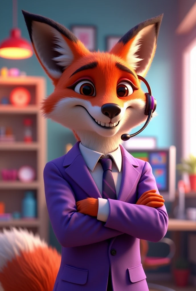 A young, mature fox in a Disney Pixar 3D style, wearing a purple telemarketing outfit and a telemarketing headset, stylishly dropshipping with a charismatic look, arms crossed and a happy smile.
