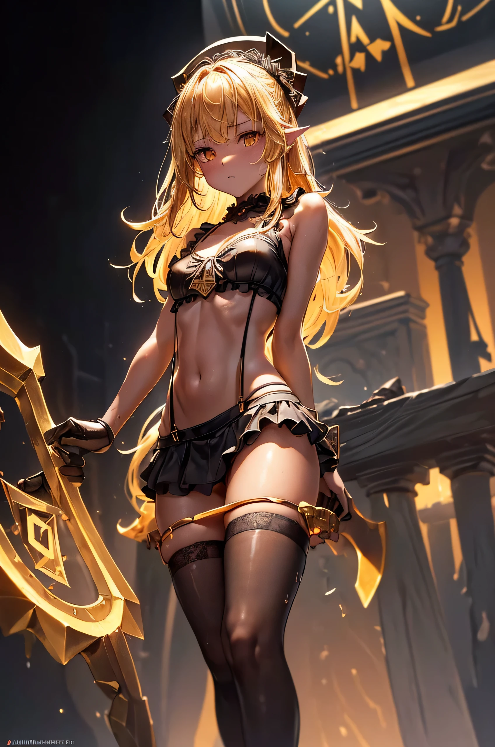 (golden ratio:1.2),[(black backdrop:1.4)::10],(work of art), (best qualityer), (ultra detaild),(Shaggy hair),(illustration),(delicate detailed), (details Intricate), (cinematic light, best qualityer Backlights), clear line, from low, woman alone，perfect bodies，(1 girl),slime girl,whole body,(Watery and transparent skin(/Reflects colorful light)/:1.3),long straight hair,breasts big,Waist slender,(average ass:1.3),peach ass,(Extremely small sling bikini:1.3),Glamorous and sexy swimwear,(The suspender bikini is tied with a beautiful bow:1.3)+(Black mini dress with fluffy lace:1.3)+(Top with ruffles on the shoulders:1.3),The skirt disappeared,(Sits above an anvil:1.3),(This anvil is an artifact depicted with sacred runes:1.4)+(glowing red runes:1.3)+(Golden finish and gray-black body:1.3),hinterland,inside a warehouse,(Fragmented precious metals:1.3),(Superalloy steel is stacked nearby:1.2)