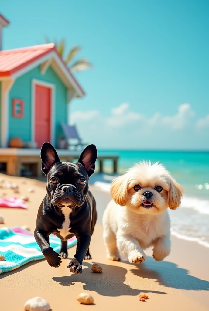 Beach house with a black French Bulldog female and a cream Shih Tzu