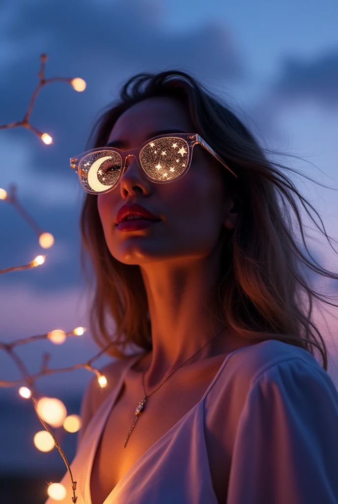 The model is wearing glass sunglasses with stars and the moon on the glass