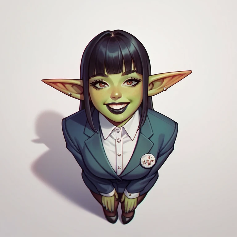 punctuation_9, punctuation_8_High above, punctuation_7_High above,  1 girl, goblin, elf, mellow_female, simplified background, Asian, mafia business attire, , bright sunny, adorable, Hime cut her hair, kind smile, black lips, eyes black, tattoo's
