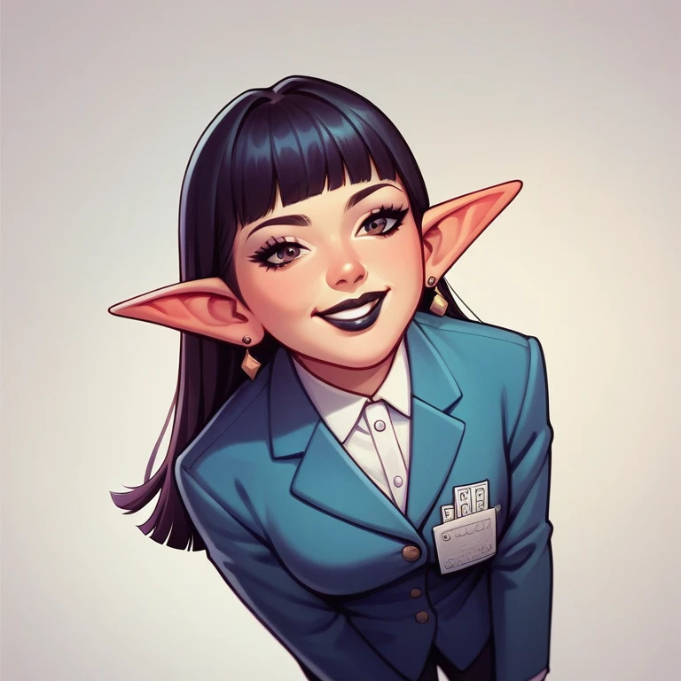 punctuation_9, punctuation_8_High above, punctuation_7_High above,  1 girl, goblin, elf, mellow_female, simplified background, Asian, mafia business attire, , bright sunny, adorable, Hime cut her hair, kind smile, black lips, eyes black, tattoo's
