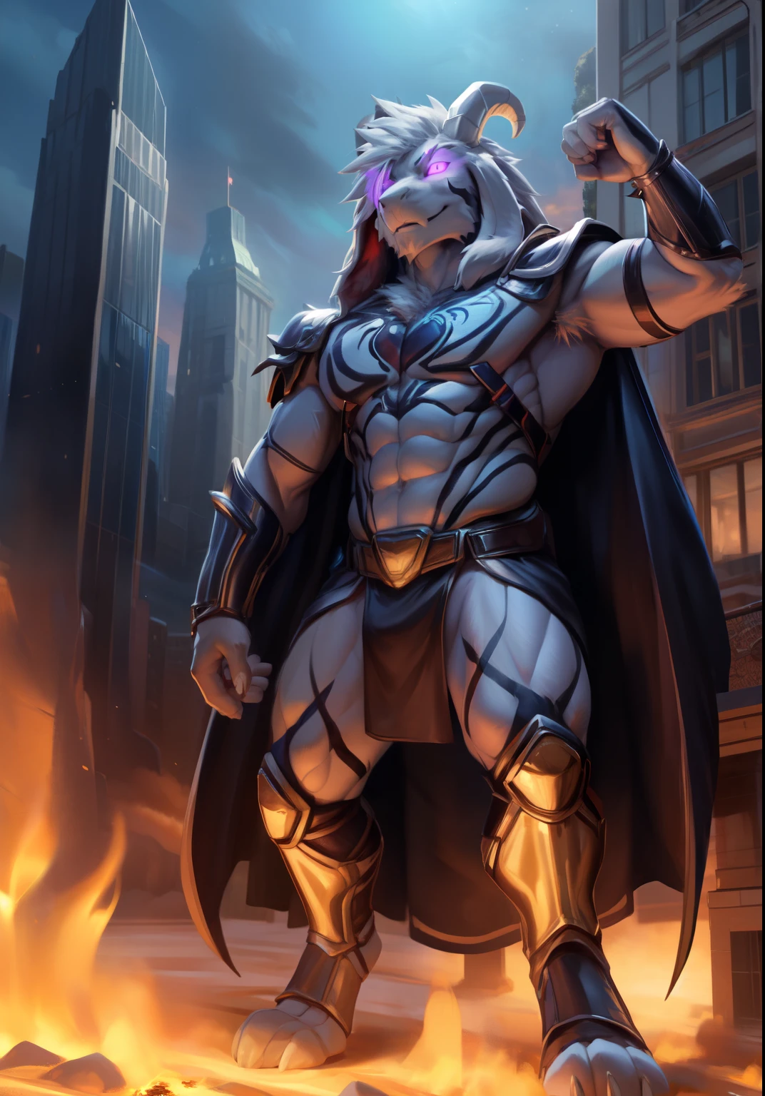 explicit content, highres, super high resolution, ((full body)), masterpiece body, beautiful details, detailed asriel, beautiful eyes, sexy pose, waiting, enjoys, happy face, attractive smile, high quality, good lighting, high res, ((masterpiece)), 8k, depth of field, ray tracing, great lighting, detailed lighting, [cinematic lighting], [backlighting], [detailed ambient light], [sharp focus], solo, asriel, male, ((large bright glowing eyes)), (facing towards viewer), detailed body, muscular, digitigrade, evil, dominant, tempting, confident look, intimidating, big body hair, focus on hair, hairy body focus, natural hair focus, detailed hair on body, natural body hair, focus on sexy hair, visible sexy facial hair, voluptuous beard, pubic hair, armpit hair, a lot of hair on a muscular chest, enjoying himself, wearing parts of armor on shoulders, spiked details, knight type, by rakisha, zackary911, chunie, meesh, kiyosan, sigma x, by darkgem, spectrumshift, bonifasko, macro in modern city