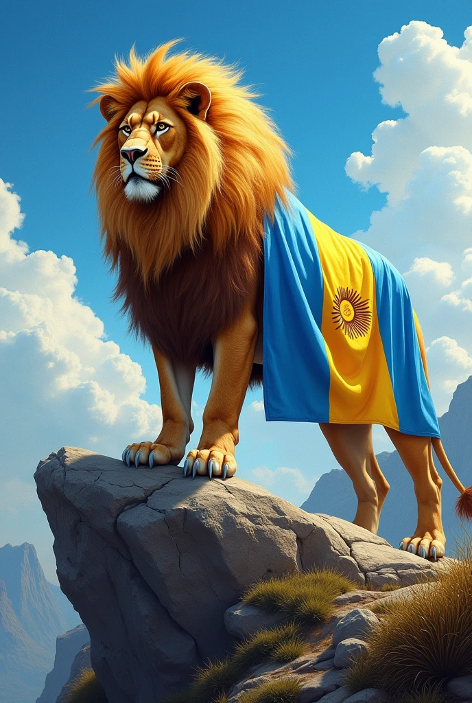 A lion with the Argentine flag