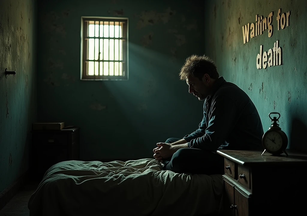A man is very scared in a secret prison that is very small. There is nothing around. There is only a bed and the writing on the wall is waiting for death.The man is very scared The image will be the size of a YouTube thumbnail. The man can be seen very scared with only a small amount of sunlight coming through his window.The man should be bright looking and aged 40 to 45 years with a table clock next to his bed
