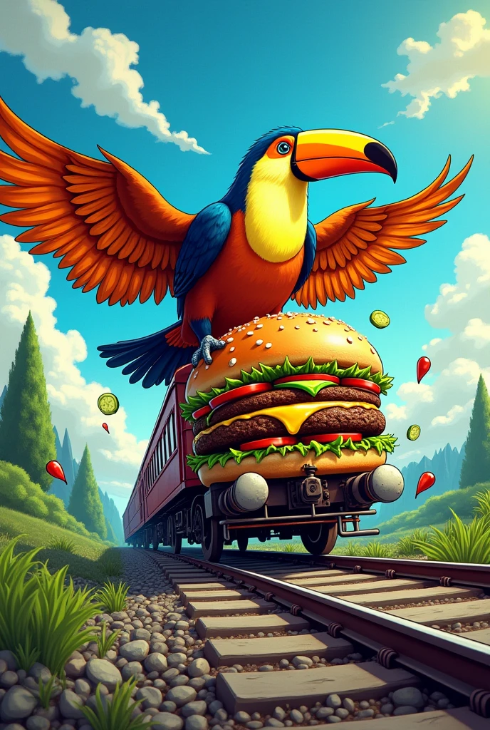 A muscular toucan fighting a monster hamburger on a train