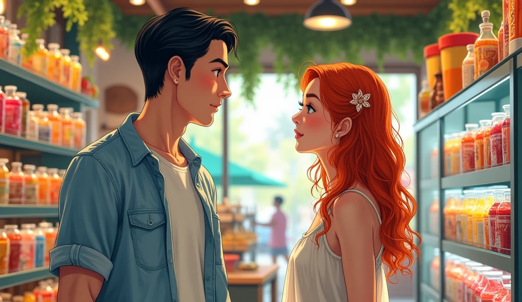 21-year-old white, tall, athletic, athletic man with black hair and blue eyes, wearing a black T-shirt and black shorts, approaches the checkout counter of a small convenience store full of colourful snacks and drinks. The woman behind the counter is a 20-year-old woman with a very pretty face, vivid red hair, blue eyes and pale white skin, dressed in a comfortable summer dress. They look at each other. The supermarket's shelves full of various products create a warm and inviting atmosphere
