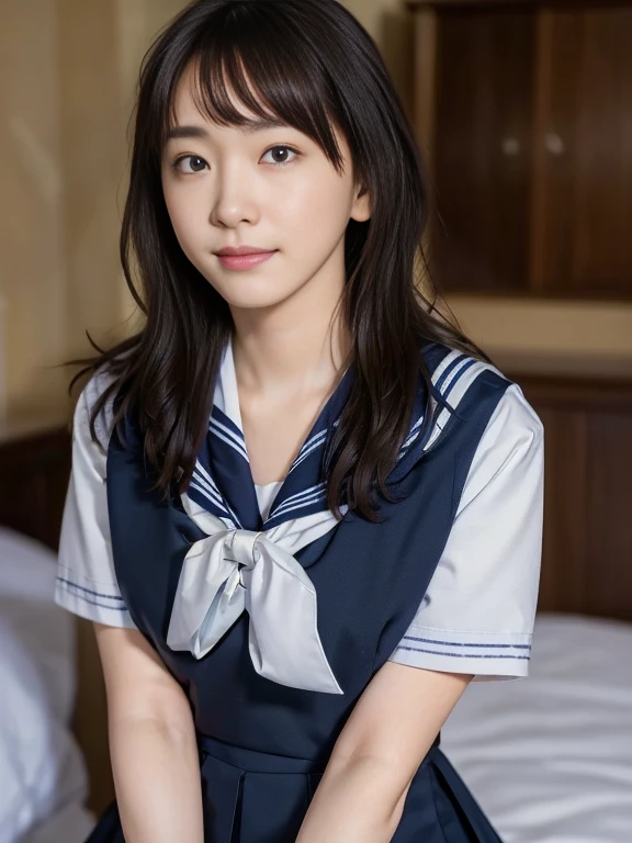 (Masterpiece, Best quality:1.4), (Ultra realistic, Photo-realistic:1.2), Natural light, 25 years old actress, Japanese women, Neat and clean, (school uniform, sailor suit, traditional Japanese style with navy blue and white colors, detailed ribbon and pleated skirt:1.2), (Short wavy hair:1.1), Ponytail, Light brown hair color, (Beautiful Face), Oval face, clear, (Beautiful eyes, Kind eyes), (Clear skin), Small face, (Small mouth), (Beautiful mouth), Natural makeup, Approachable, Luxury hotel Suite room, On bed, Seductive smile, (Seductive pose:1.2), (Beautiful thighs:1.1), (Bedroom eyes),