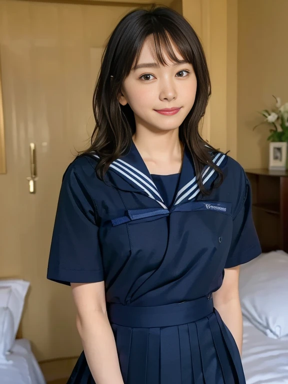 (Masterpiece, Best quality:1.4), (Ultra realistic, Photo-realistic:1.2), Natural light, 25 years old actress, Japanese women, Neat and clean, (school uniform, sailor suit, traditional Japanese style with navy blue and white colors, detailed ribbon and pleated skirt:1.2), (Short wavy hair:1.1), Ponytail, Light brown hair color, (Beautiful Face), Oval face, clear, (Beautiful eyes, Kind eyes), (Clear skin), Small face, (Small mouth), (Beautiful mouth), Natural makeup, Approachable, Luxury hotel Suite room, On bed, Seductive smile, (Seductive pose:1.2), (Beautiful thighs:1.1), (Bedroom eyes),