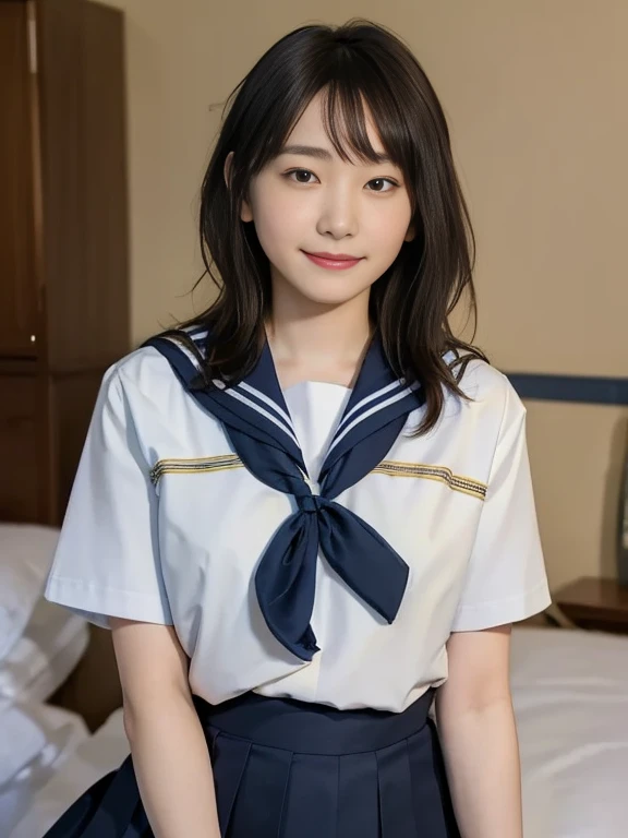 (Masterpiece, Best quality:1.4), (Ultra realistic, Photo-realistic:1.2), Natural light, 25 years old actress, Japanese women, Neat and clean, (school uniform, sailor suit, traditional Japanese style with navy blue and white colors, detailed ribbon and pleated skirt:1.2), (Short wavy hair:1.1), Ponytail, Light brown hair color, (Beautiful Face), Oval face, clear, (Beautiful eyes, Kind eyes), (Clear skin), Small face, (Small mouth), (Beautiful mouth), Natural makeup, Approachable, Luxury hotel Suite room, On bed, Seductive smile, (Seductive pose:1.2), (Beautiful thighs:1.1), (Bedroom eyes),