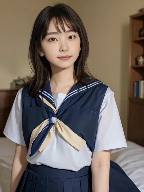 (Masterpiece, Best quality:1.4), (Ultra realistic, Photo-realistic:1.2), Natural light, 25 years old actress, Japanese women, Neat and clean, (school uniform, sailor suit, traditional Japanese style with navy blue and white colors, detailed ribbon and pleated skirt:1.2), (Short wavy hair:1.1), Ponytail, Light brown hair color, (Beautiful Face), Oval face, clear, (Beautiful eyes, Kind eyes), (Clear skin), Small face, (Small mouth), (Beautiful mouth), Natural makeup, Approachable, Luxury hotel Suite room, On bed, Seductive smile, (Seductive pose:1.2), (Beautiful thighs:1.1), (Bedroom eyes),