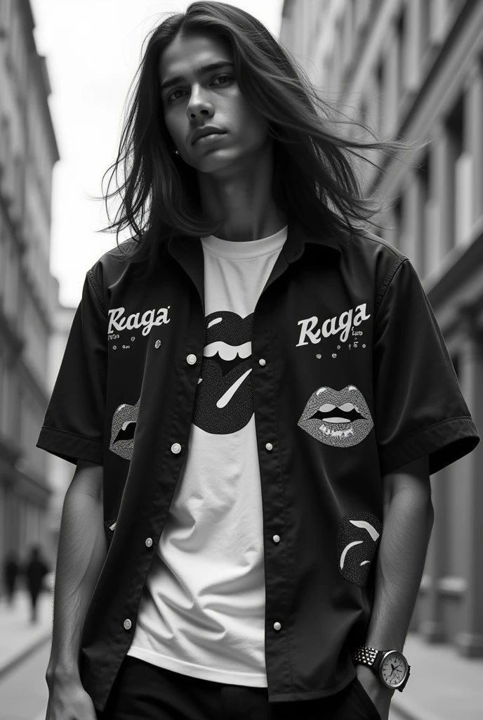 Create a cool black and white-themed profile picture of a stylish young man named Raja. He has long hair, and is wearing a shirt with branded text or logos. The shirt has a lip print design on it. The overall vibe should be trendy, bold, and suitable for a modern Instagram profile picture. Anime character