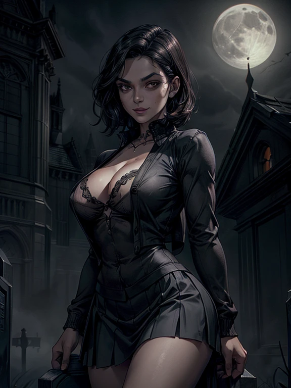 intricate detailed 1girl leaning on tombstone, ominous smiling at viewer, tight cardigan, white shirt showing cleavage, firm chest, small breasts, black pleated skirt, full moon night time fog, corpses emerging from graves(worldofundead), photorealistic, dramatic lighting, moody atmosphere, cinematic composition, dark fantasy, gothic, highly detailed, hyperrealistic, beautiful detailed eyes, brown eyes, beautiful detailed lips, dead people gathered, zombies gathered around, zombie apocalypse, ominous surrounding, "Looking at you"