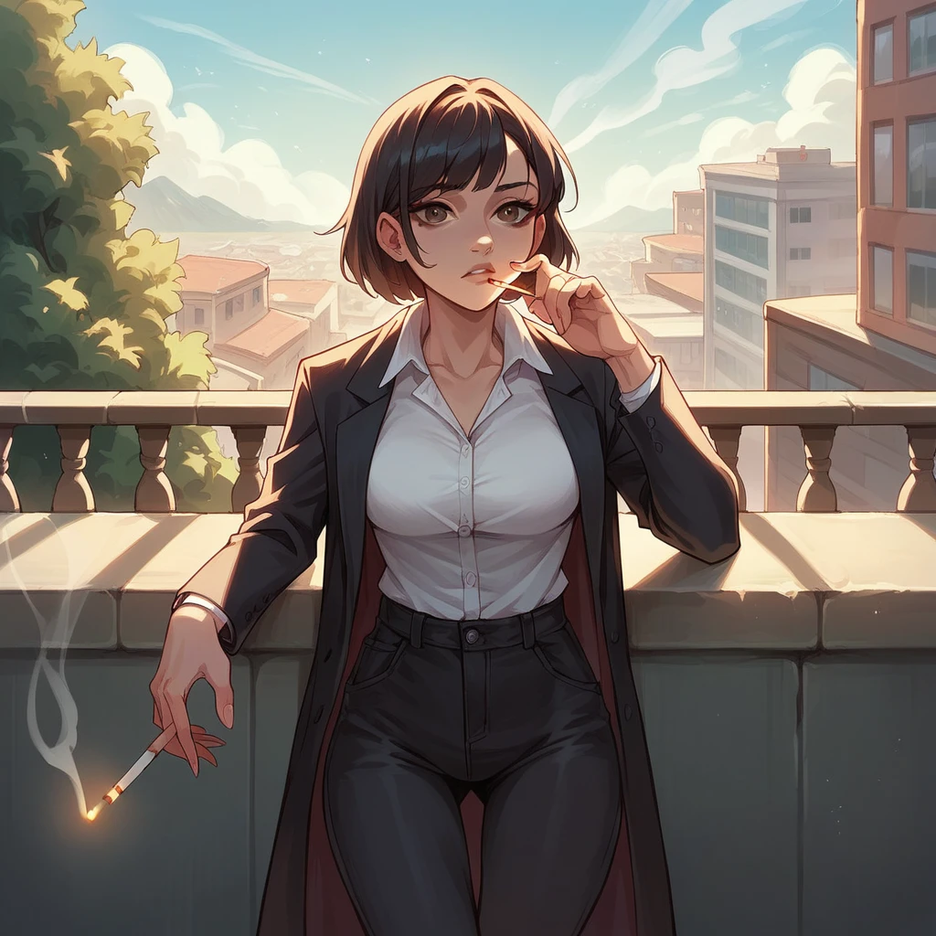 POV girl smoking a cigarette on a balcony , The girl has a black suit and black pants