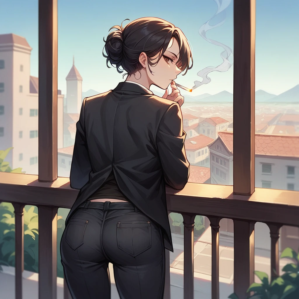 POV girl smoking a cigarette on a balcony , The girl has a black suit and black pants
