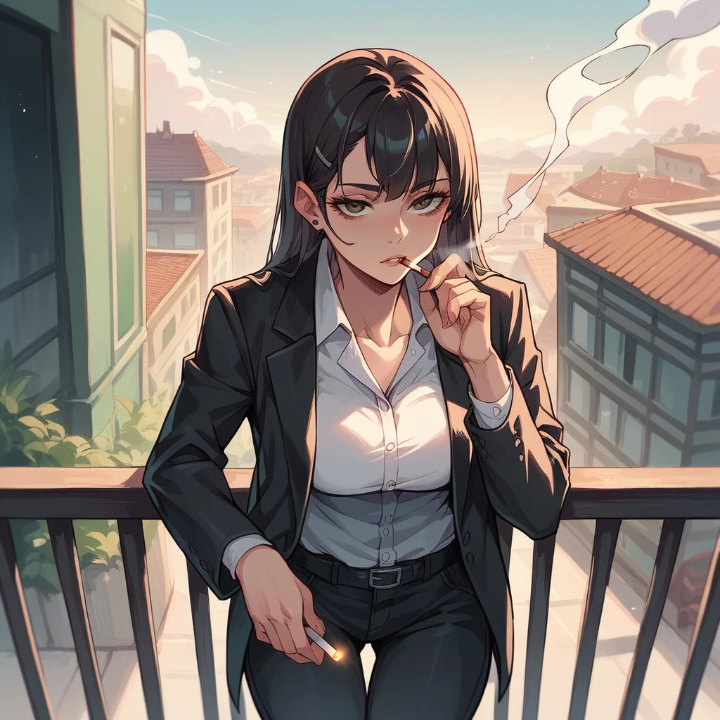 POV girl smoking a cigarette on a balcony , The girl has a black suit and black pants