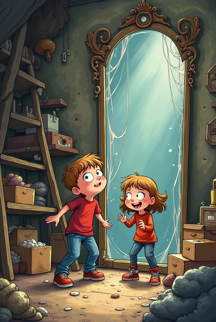 Panel 1:
(Setting: A dusty attic filled with old boxes and forgotten treasures. Two siblings, Sarah and Jake, are rummaging through the clutter. Jake pulls aside a large, cobweb-covered mirror.)

Jake (excited): "Sarah, look! There’s something behind this mirror!"

Sarah (curious): "What could it be? Let's check it out!"

redo the comic drawing with the extra dialogue and make the entire drawing simpler and more comical in a doodly way