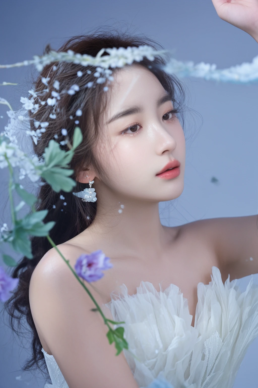 there is a woman in a white dress and a flower in her hair, song hye - kyo, heonhwa choe, with frozen flowers around her, jiyun chae, high res, hwang se - on, taejune kim, lu ji, ji-min, sakimichan, kim hyun joo, ethereal beauty, jingna zhang