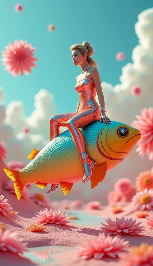 Retro-futuristic character on a toy fish in an artificial landscape. Miniature scale, soft lighting, and a surreal atmosphere.