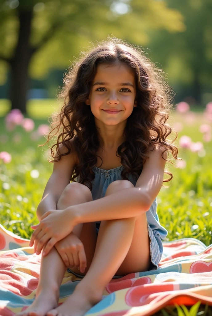 A brunette girl with curly hair and big breasts sits with her legs stretched out, taking a realistic photo