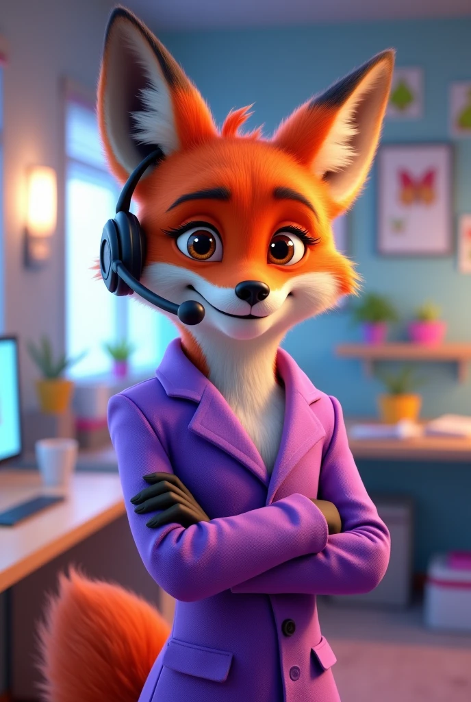 A young, mature fox in a Disney Pixar 3D style, wearing a purple telemarketing outfit and a telemarketing headset, stylishly dropshipping with a charismatic look, arms crossed and a charming smile.