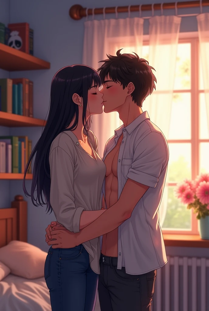 Create a image of boy and girl and both in love romance mood and the girl raise the boy shirt some part only the boy shirt donot open all the buttons of the shirt and the boy has six pack and the both boy and girl close to eachother they are lip kissing eachother and the background of the image is in a room and room has some books and some flowervases and the image should be seen as Anime picture 