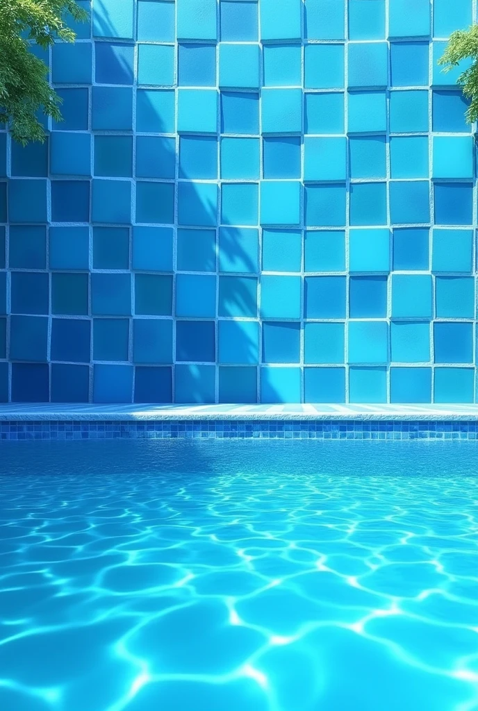 Create an image that has a wall with blue squares behind it, Below is a floor that has a pool underneath.