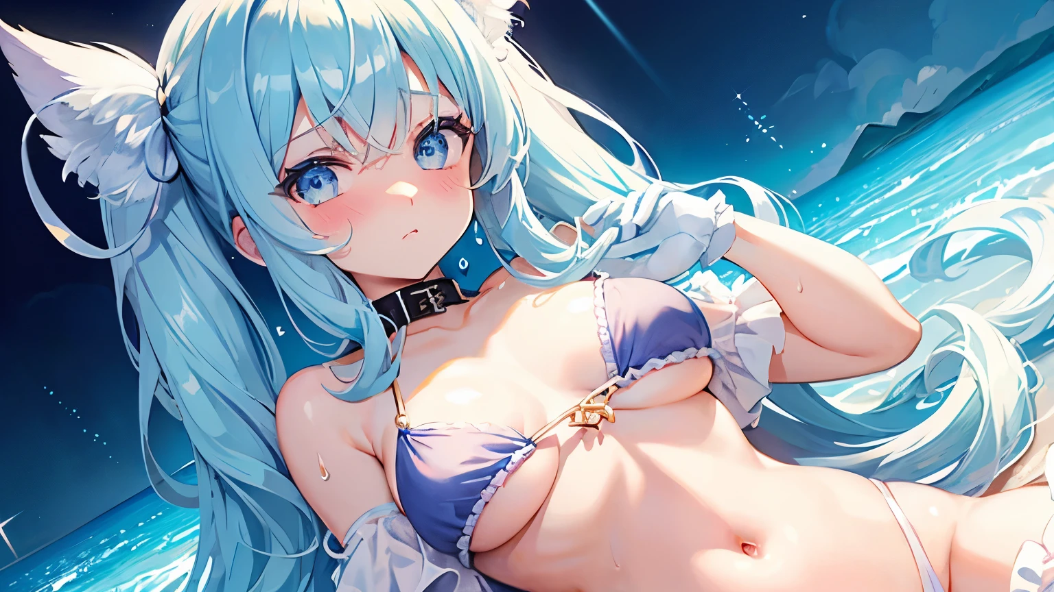 Highest quality、Delicate、high school girl、Light blue hair、Sparkly light blue eyes、Twin tails、spiral curls、Beautiful river、Slightly backlit、Very revealing、Tiny Bikini、Ruffled collar、Shiny gloves、Big thighs、Shoulders bare、Belly button、Cleavage、small breasts、Nipples erect、Sexy pose、looking at the camera、Red cheeks、Embarrassed expression、Sweat a lot、Belly button、Bathing、I'm sweating a lot.