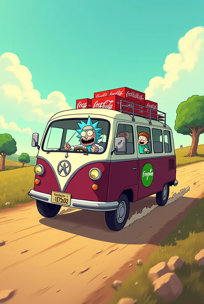 A dark wine and white minibus with a green Flaschenpost round emblem on the side of the Citroën carries many boxes of Coca-Cola, Rick and his nephew Morty are sitting behind the wheel and put their hands out of the side window and give a thumbs up as. Cartoon style image of Rick and Morty