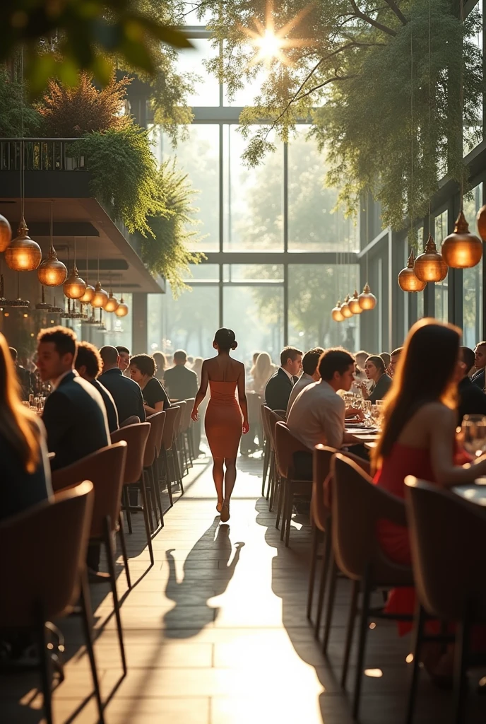 Imagine a cafe, crowded, busy, modern, high society, day, old money, futuristic, robotics, hyperrealistic