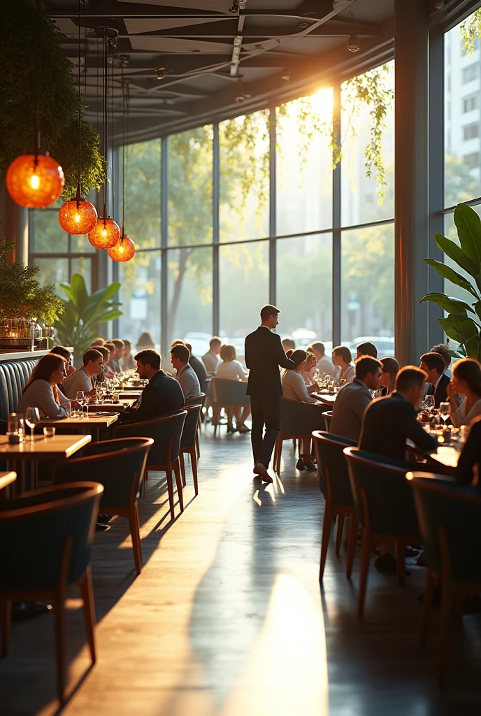 Imagine a cafe, crowded, busy, modern, high society, day, old money, futuristic, robotics, hyperrealistic