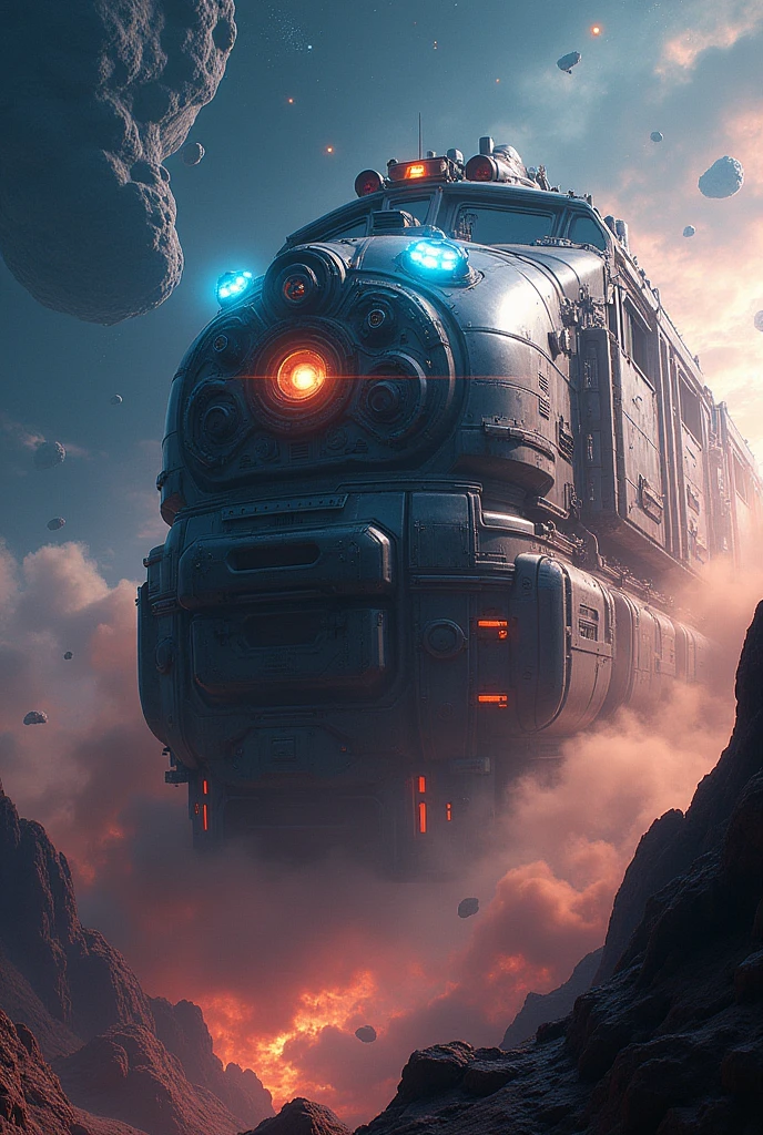 Generate an image of a space train that is a very heavy cargo space train that has a very cool system in front of it.
