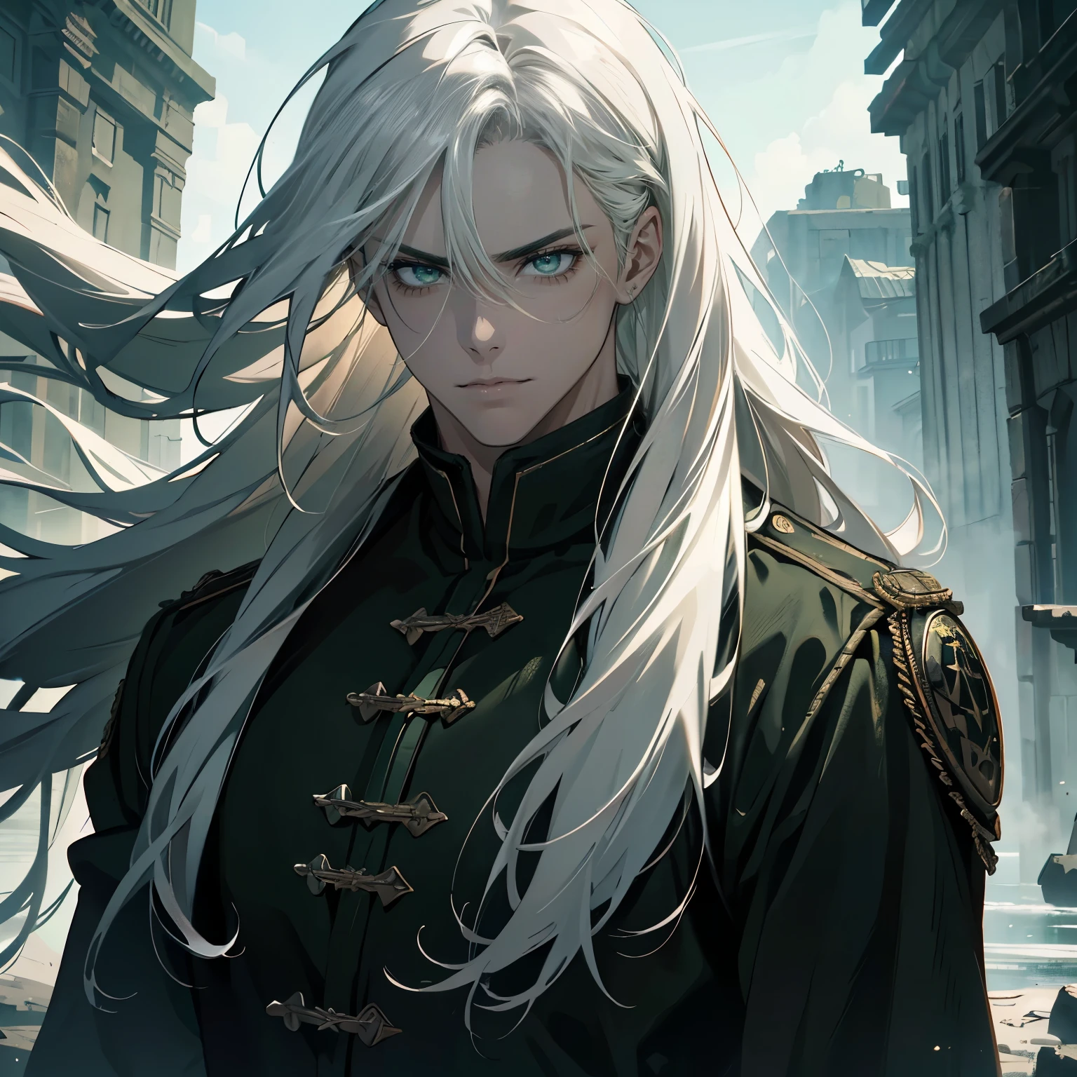(best quality, highres), (realistic), (portraits), (white hair:1.1), (long hair:1.1), (green eyes:1.1), (muscular figure: 1.1), (far away: 1.1), (dark background: 1.1), man, intense gaze, powerful demeanor, dramatic lighting, mysterious atmosphere, piercing eyes, tension, rugged appearance
